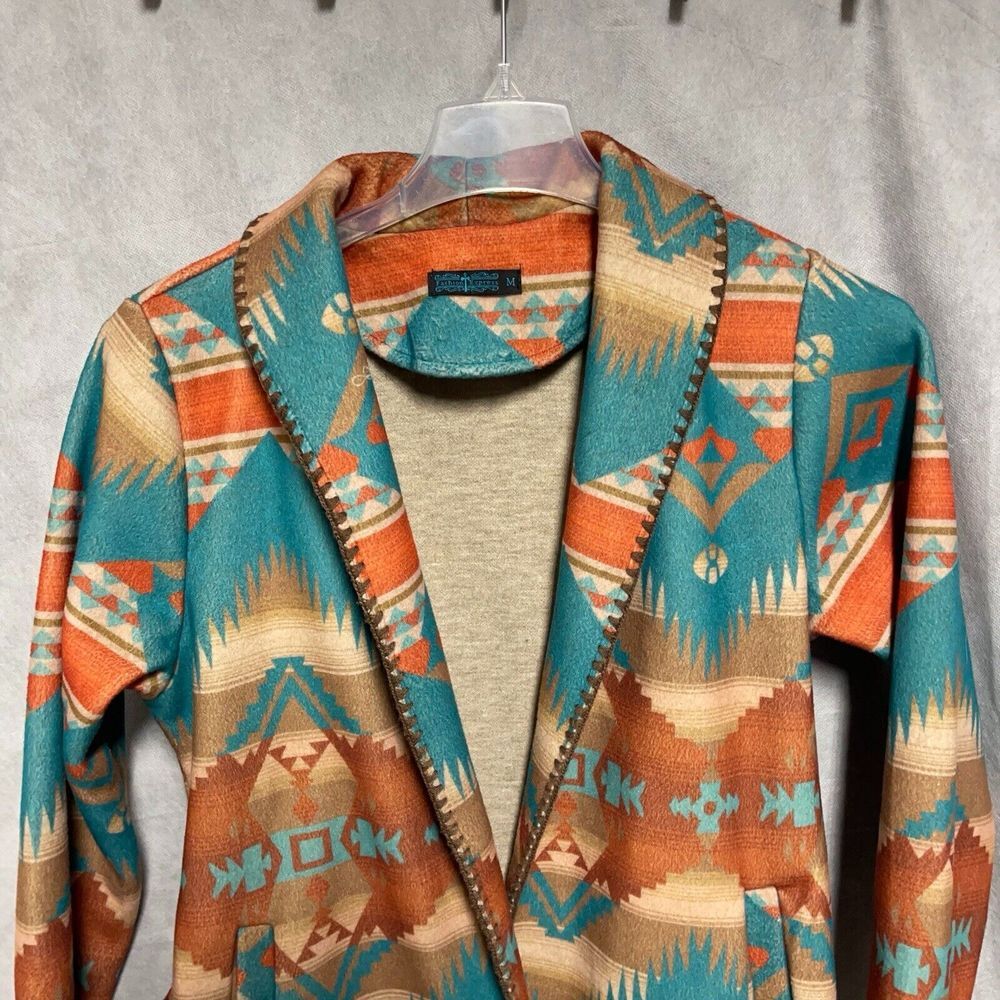 Women Cardigan Jacket M Teal Flannel Aztec Southwestern Open Tribal Belt‎ Shawl
